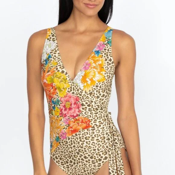 Johnny Was Leopard Wrap One Piece Animal  and Floral Print Swimsuit Size XL $198 - Picture 4 of 7